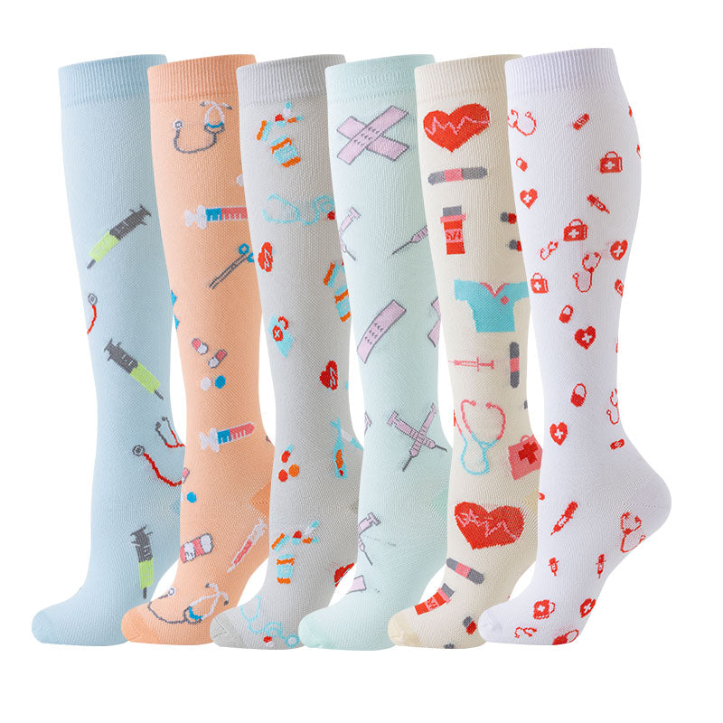 6 pairs of men's and women's knee support socks, medical pattern style, suitable for work, leg long socks, pregnancy and postpartum travel