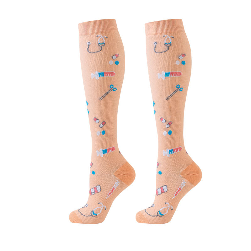 6 pairs of men's and women's knee support socks, medical pattern style, suitable for work, leg long socks, pregnancy and postpartum travel