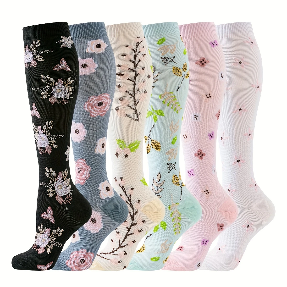 6 pairs of floral pattern knee high pressure socks breathable all season support long tube socks men's and women's floral compression socks running sports men's and women's long pressure socks