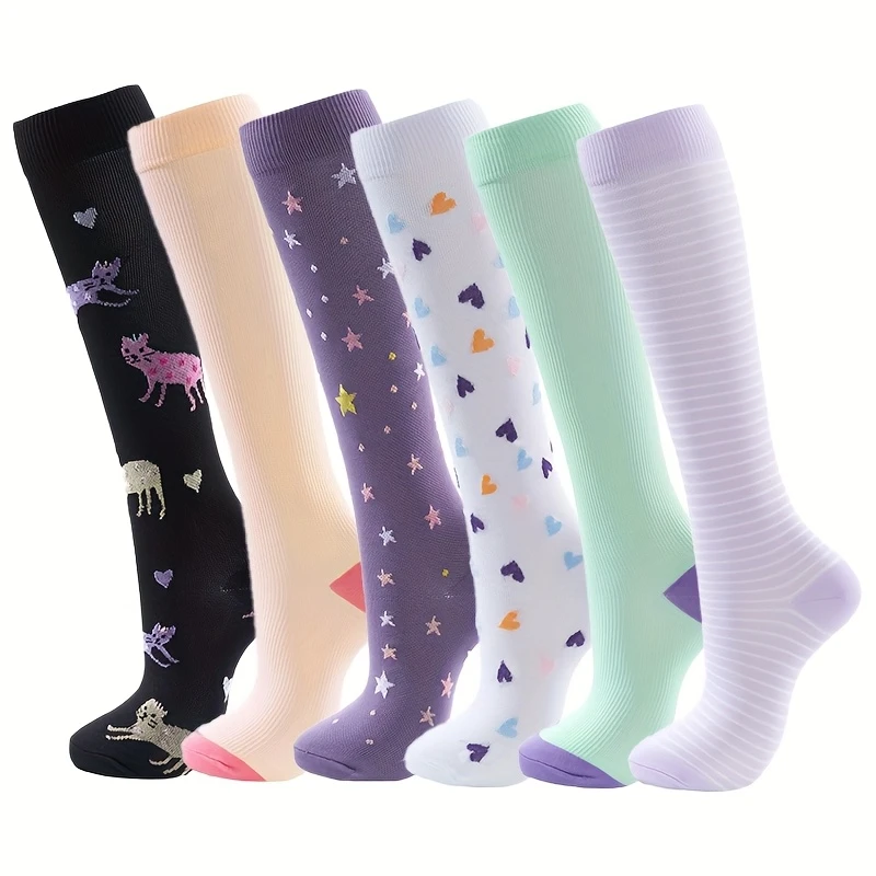6 Pairs animal compression socks | Polyester and spandex blend | Knee high support for medical, sports, and casual wear | Vibrant pattern