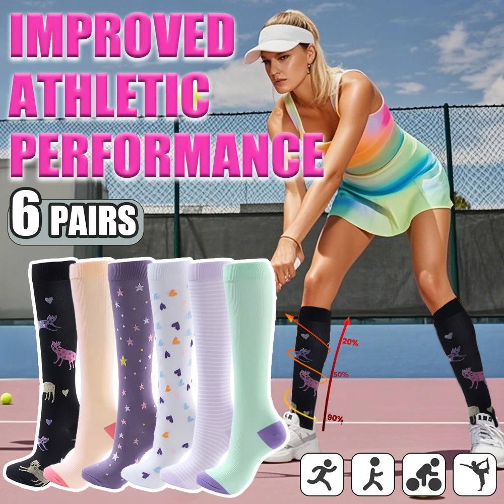 6 Pairs animal compression socks | Polyester and spandex blend | Knee high support for medical, sports, and casual wear | Vibrant pattern