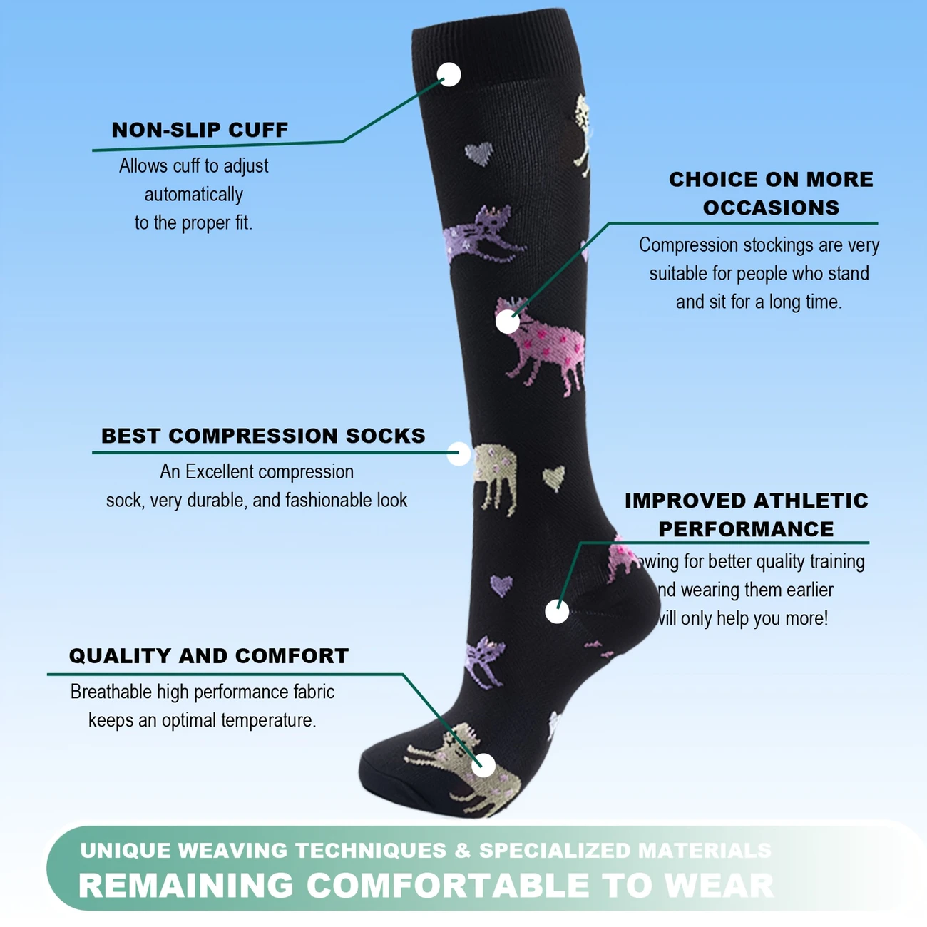 6 Pairs animal compression socks | Polyester and spandex blend | Knee high support for medical, sports, and casual wear | Vibrant pattern
