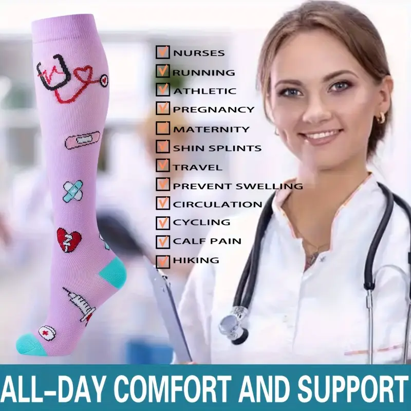6 Pairs Compression Socks, 10-20mmHg Graduated Support Knee High, Polyester Blend, Patterns, Ideal for Athletic, Perfect for Mother's Day, Grandparents Day