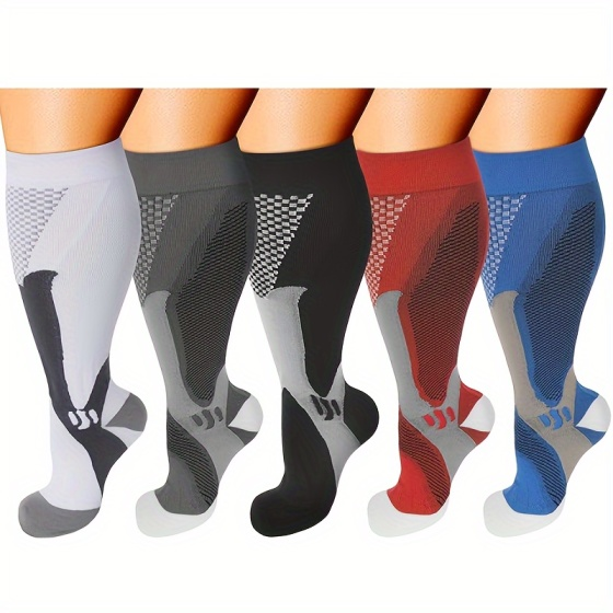 5 Pairs of Extra-Large Compression Socks for Cycling, Climbing, Running - Breathable Nylon Geometric Pattern, Arch Support & Cushioned Heel, All-Season Workout Socks for Men & Women