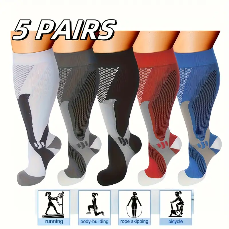 5 Pairs of Extra-Large Compression Socks for Cycling, Climbing, Running - Breathable Nylon Geometric Pattern, Arch Support & Cushioned Heel, All-Season Workout Socks for Men & Women
