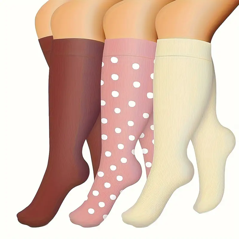 3 Pairs Women's Plus-Size of Extra-Large Compression Socks for Cycling, Climbing, Running - Breathable Nylon Geometric Pattern, Arch Support & Cushioned Heel, All-Season Workout Socks for Men & Women