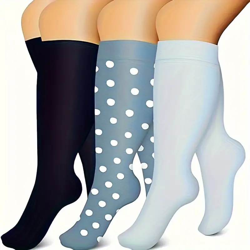 3 Pairs Women's Plus-Size of Extra-Large Compression Socks for Cycling, Climbing, Running - Breathable Nylon Geometric Pattern, Arch Support & Cushioned Heel, All-Season Workout Socks for Men & Women