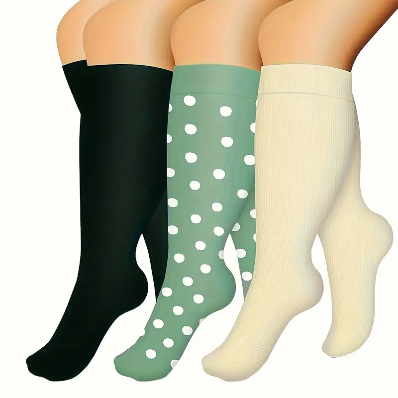 3 Pairs Women's Plus-Size of Extra-Large Compression Socks for Cycling, Climbing, Running - Breathable Nylon Geometric Pattern, Arch Support & Cushioned Heel, All-Season Workout Socks for Men & Women