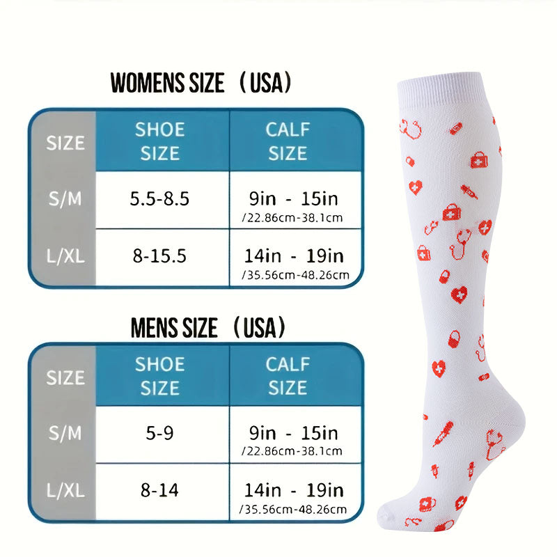 6 pairs of men's and women's knee support socks, medical pattern style, suitable for work, leg long socks, pregnancy and postpartum travel