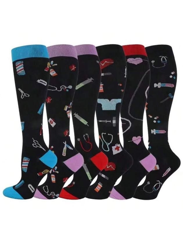6 Pairs Combination Medical Exercise Pressure Socks - Hiking And Cycling Long Socks, Outdoor Fitness Running Compression Socks, Calf Socks